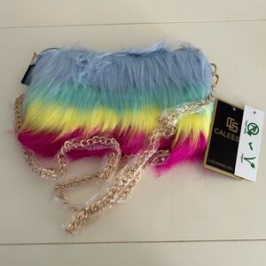 NWT Caleesa Rainbow Faux Fur Mini Crossbody Bag w/ Gold Chain Strap
